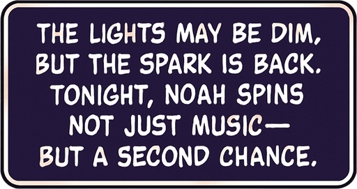 A rectangular comic-style narrator box placed near the bottom of a vertical panel (2048x2732). Dark purple background with rounded corners, white border. Inside, centered white text in clean comic font reads:
"The lights may be dim, but the spark is back. Tonight, Noah spins not just music — but a second chance.".
In-Game asset.  2d.  High contrast.  No shadows