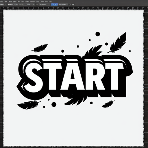A white SVG with big bold letters, that says “Start”. A couple black feathers flying off the edge of the word. Single Game Texture.  In-Game asset.  2d.  Blank background.  High contrast.  No shadows