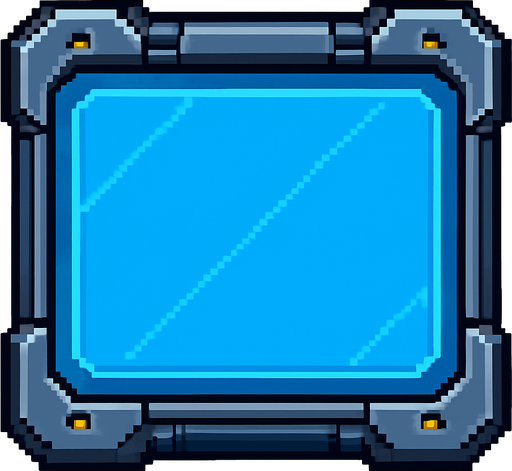 sci-fi pixel art UI panel.  glass with a steel border..
In-Game asset.  2d.  High contrast.  No shadows