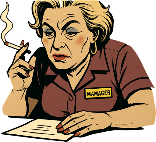 A comic panel styled like a square photo print with a clean white border. Realistic comic art. Scene: Close-up of a middle-aged woman with bold makeup, cigarette in hand, leaning over the bar. Her name tag reads “Manager.” Narrator box at the top reads: “She didn’t ask questions — just handed him the schedule.”.
In-Game asset.  2d.  High contrast.  No shadows