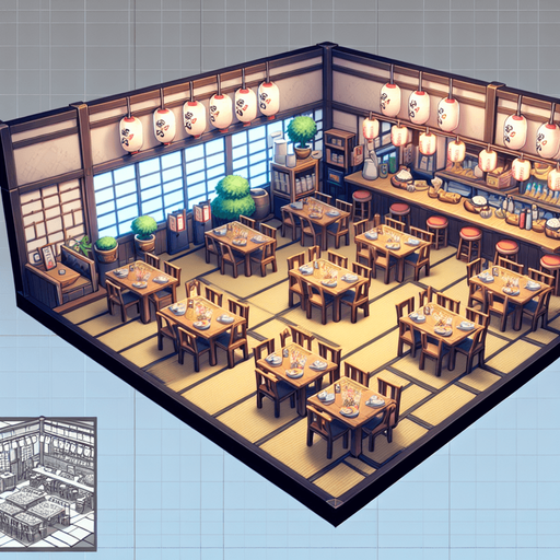 A restaurant background in a anime style.
Single Game Texture. In-Game asset. 2d. Blank background. High contrast. No shadows.