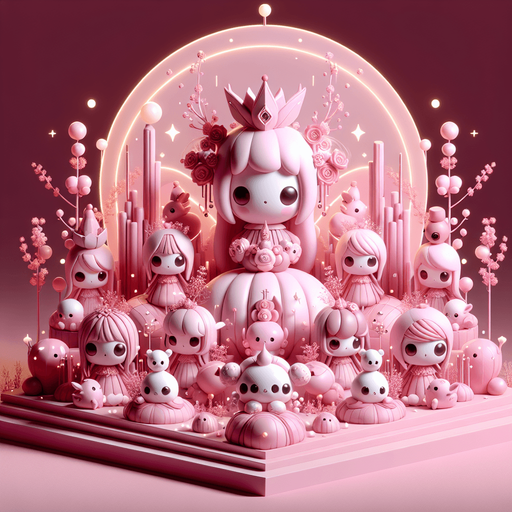 Beautiful 3d pink theme with other soft colours with cute soft kawaii 3d dolls and tiny glowing creatures.
Single Game Texture. In-Game asset. 2d. Blank background. High contrast. No shadows.