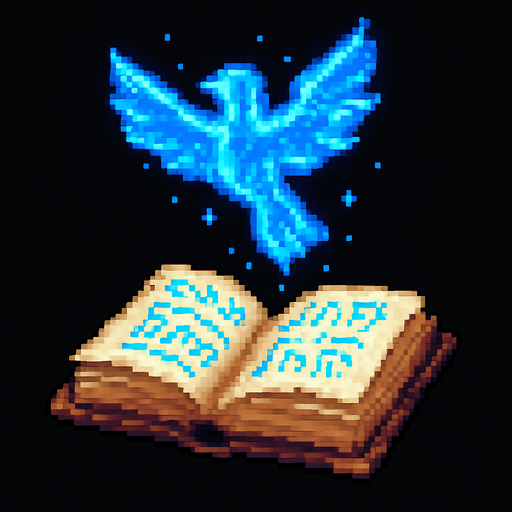 "2D pixel art of a glowing blue bird symbol emerging from an open magical spellbook. The spellbook has worn covers and glowing arcane runes on its pages. The bird symbol floats above the book, made of shimmering blue magical energy, with soft glowing edges and a slightly transparent, ethereal look. It represents a magical creature or summon. Designed in classic 16-bit fantasy RPG pixel art style. Transparent background.".
In-Game asset.  2d.  High contrast.  No shadows