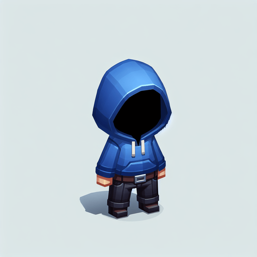 Pessoa pequena de cabelo preto usando capuz azul e calça azul pequena que esconde sua face com o seu capuz.
Single Game Texture. In-Game asset. 2d. Blank background. High contrast. No shadows.