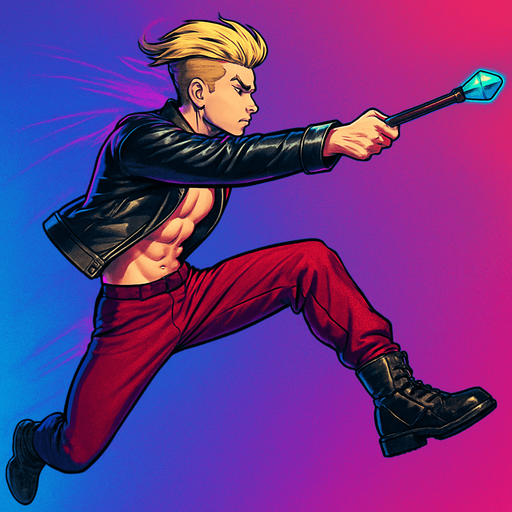 Swishy graceful man Cyberpunk manga, wand pointed straight ahead, arm extended, jump attack, side profile view attack animation, shiny black leather biker jacket longsleeves shirtless Skinny abs blonde pompadour guy, action shot wine red joggers combat boots, Background removed, "Full-body character, entirely in frame, no cropping of face, head, or feet" "Complete character visible, from head to toe, fully centered in the image" "Entire character, including face and boots, fully within the frame" Character fully contained within a square frame, no edges cut off fashion model running pose