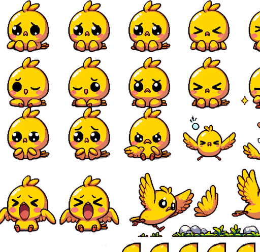 Spritesheet of a little yellow bird, sad and happy, sitting and flying..
Single Game Texture. In-Game asset. 2d. Blank background. High contrast. No shadows.