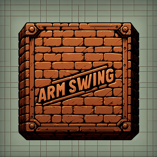 a forward facing brick with the writing "Arm Swing" Single Game Texture. In-Game asset. 2d. Blank background. High contrast. No shadows.