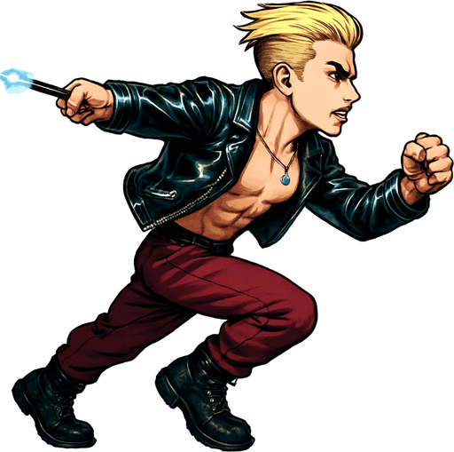 Arm positions & leg positions switched, reversed, Cyberpunk manga, side profile view running animation frames, shiny black leather biker jacket longsleeves shirtless thin abs pecs necklaces gemstone tipped wand, action shot wand pointed straight in front arm extended wand casting spell fierce fashion pose animation blonde undercut pompadour, vampire fangs, wine red joggers, combat boots, Background removed, "Full-body character, entirely in frame, no cropping of face, head, or feet" "Complete character visible, from head to toe, fully centered in the image" "Entire character, including face and boots, fully within the frame" Character fully contained within a square frame, no edges cut off,