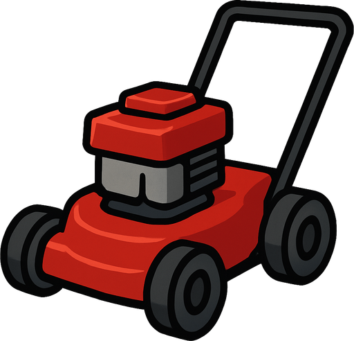 Una podadora de césped compacta y robusta, predominantemente de color rojo vibrante. Tiene un motor gris con una tapa roja en la parte superior. Cuenta con cuatro ruedas pequeñas y oscuras, y un mango largo y negro en forma de "U" invertida que se extiende hacia atrás..
In-Game asset.  2d.  High contrast.  No shadows