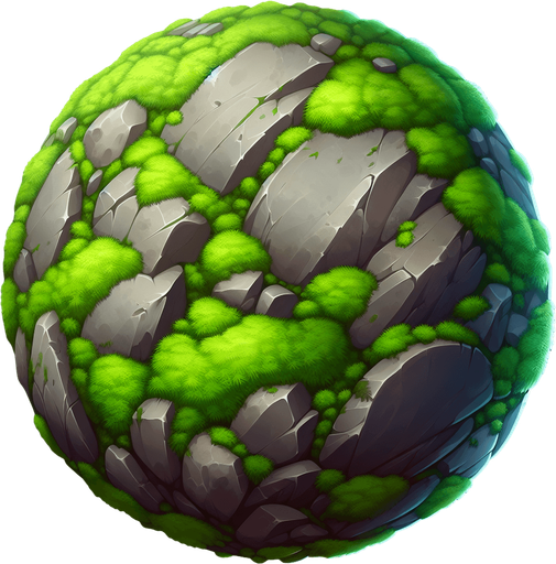 una piedra redonda musgosa.
Single Game Texture.  In-Game asset.  2d.  Blank background.  High contrast.  No shadows
