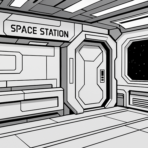 A sterile space station background But it’s still futuristic and definitely seems like it’s made out of metal.
In-Game asset.  2d.  High contrast.  No shadows