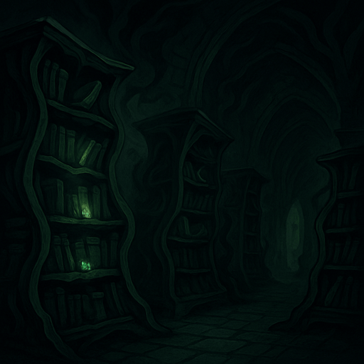 A cursed medieval library with twisted bookshelves, dark green glow from cursed tomes, whispers echoing through shadowed halls, realistic.
In-Game asset.  2d.  High contrast.  No shadows