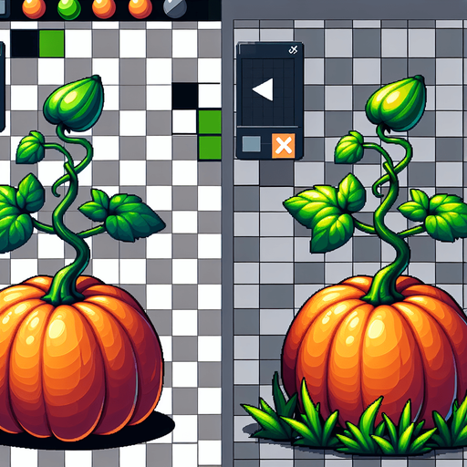 A lush pumpkin at the foot of its green stalk..
Single Game Texture. In-Game asset. 2d. Blank background. High contrast. No shadows.
