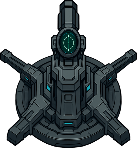 top-down view, futuristic sniper defense tower, mechanical turret base, integrated long-range scope with green targeting reticle, high-tech cyberpunk machine parts, sleek tower design, circular top down, symmetrical.
In-Game asset.  2d.  High contrast.  No shadows