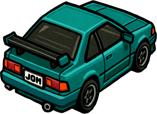 JDM car, seen from behind see from 45 degree 

Top-down, gta2, Single Game Texture. In-Game asset. 2d. Blank background. High contrast. No shadows.isometric