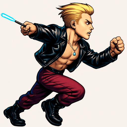 Camera-facing arm forward, camera facing leg back, reversed limbs position, Cyberpunk manga, side profile view running animation frames, shiny black leather biker jacket longsleeves shirtless thin abs pecs necklaces gemstone tipped wand, action shot wand pointed straight in front arm extended wand casting spell fierce fashion pose animation blonde undercut pompadour, vampire fangs, wine red joggers, combat boots, Background removed, "Full-body character, entirely in frame, no cropping of face, head, or feet" "Complete character visible, from head to toe, fully centered in the image" "Entire character, including face and boots, fully within the frame" Character fully contained within a square frame, no edges cut off,