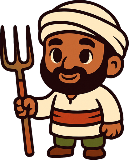 A cute middle eastern farmer character.
In-Game asset.  2d.  High contrast.  No shadows