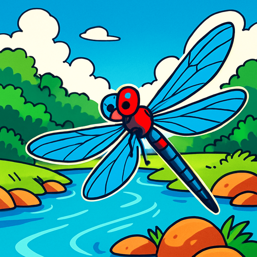 gambar gaya anime capung dengan background sungai.
In-Game asset.  2d.  High contrast.  No shadows