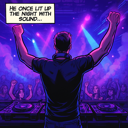 A realistic comic book style illustration, 2048x2048. From behind, DJ Noah stands on stage with arms raised, facing a cheering crowd. Neon lights in purples and blues flood the club. Spotlights, smoke, and a dynamic atmosphere. Add a semi-transparent narrator box in the top-left corner with the text: "He once lit up the night with sound..." in elegant comic book font..
In-Game asset.  2d.  High contrast.  No shadows