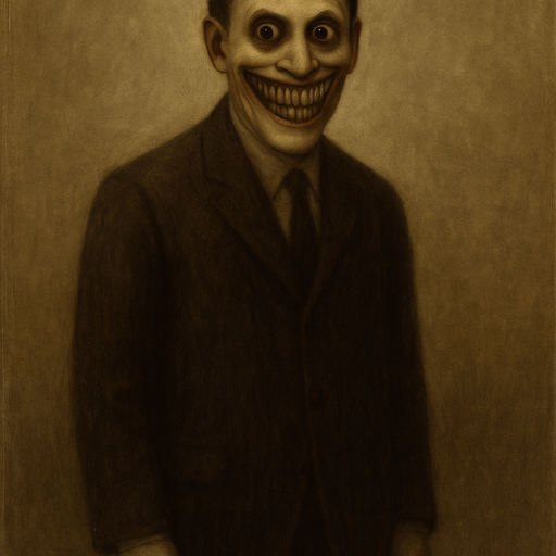 make his head backwards looking to camera and smiles uncanny horror