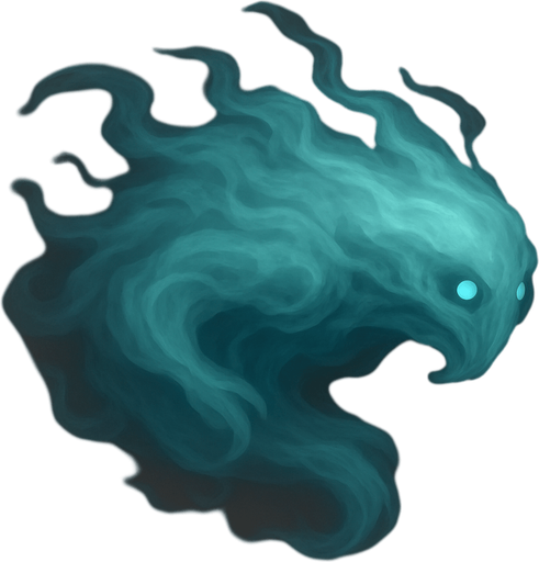 A single, isolated, highly detailed top-down isometric game asset of a Restless Spirit. It is an ethereal, translucent spectral figure, vaguely humanoid or beast-like, composed of swirling mist and faint light. Its form should be clearly defined but ghostly, with wispy edges. It can have two small, unblinking, glowing eyes or empty dark hollows for eyes (static). The spirit's body and implied 'head' should be clearly oriented towards the right side of the image, conveying its forward gliding motion. Style: Stylized, ghostly fantasy, semi-transparent, suitable for a Tower Defense game. Transparent background..
In-Game asset.  2d.  High contrast.  No shadows