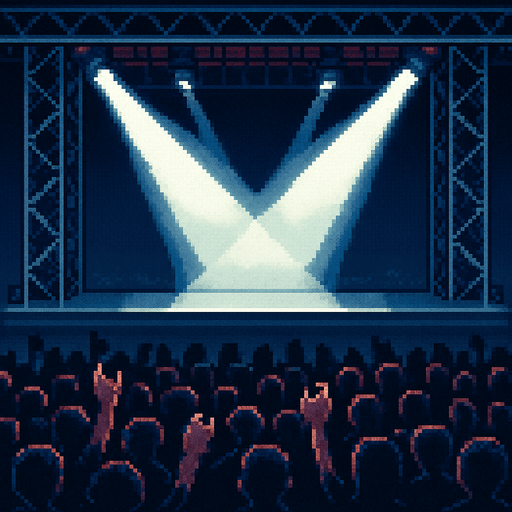 A magnificent rock concert stage, spotlights pointed straight in the middle, with a large audience seen in silhouette from behind. Retro arcade game style detailed pixel art. In-Game asset. flat