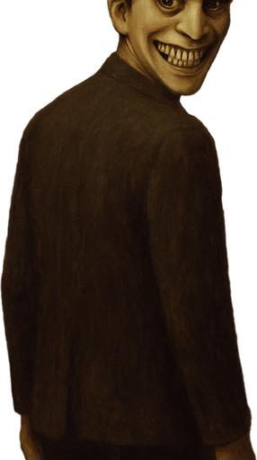 make his head backwards looking to camera and smiles uncanny horror