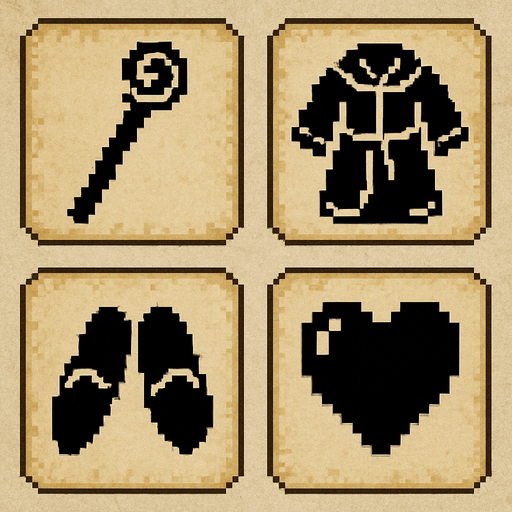 Four square cards with rounded, embossed edges with parchment texture for background. One shows an icon of wizards staff, one shows an icon of a wizards robe, one shows an icon of a pair of wizards slippers and one shows an icon of a heart. Pixelated retro video game art..
In-Game asset.  2d.  High contrast.  No shadows
