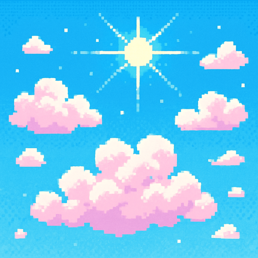 Bright day sky, cotton candy clouds, clear blue background, sun rays, cheerful mood, 2D pixel art.
In-Game asset.  2d.  High contrast.  No shadows