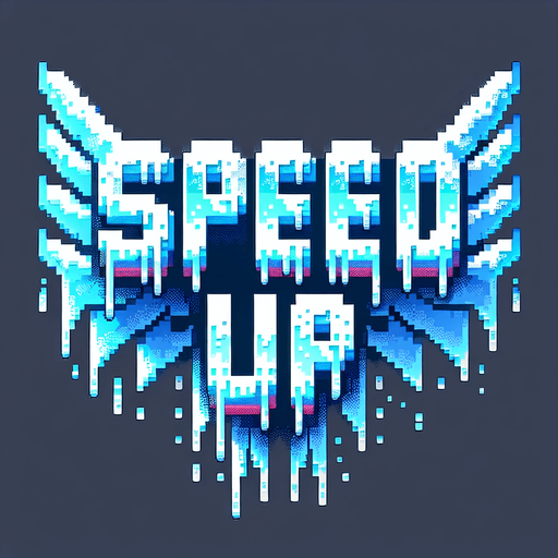 frosty text saying (SPEED UP).wings on the edges. pixelated. 8 bit. Single Game Texture. In-Game asset. 2d. Blank background. High contrast. No shadows.