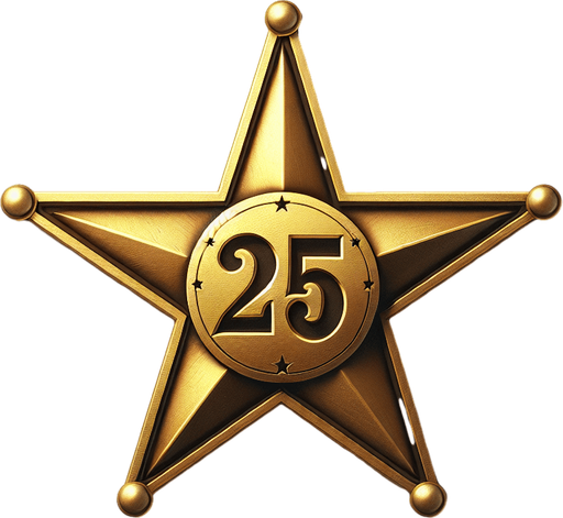 western gold star with 25 written on it.
Single Game Texture. In-Game asset. 2d. Blank background. High contrast. No shadows.
