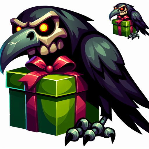 Cartoon of a christmas present, evil raven style, side view Single Game Texture. In-Game asset. 2d. Blank background. High contrast. No shadows.