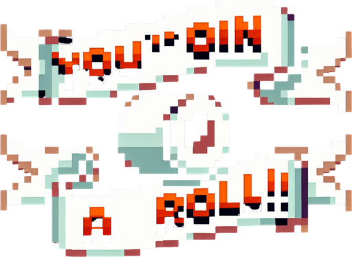 text saying "You’re on a roll!" against a toilet paper banner. pixelated. 8-bit.
Single Game Texture. In-Game asset. 2d. Blank background. High contrast. No shadows.