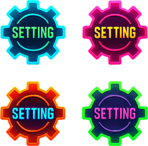 Setting buttons shapes as gears or cogs have text 'Setting'. HD colors. cyberpunk. Abstract. Different colors.
In-Game asset.  2d.  High contrast.  No shadows