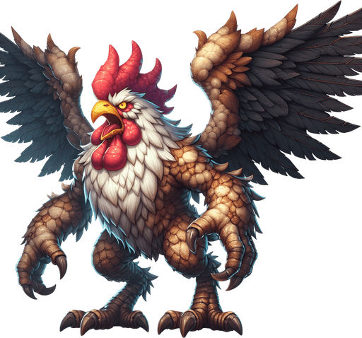 Kanatları açık canavar bir tavuk.
Single Game Texture.  In-Game asset.  2d.  Blank background.  High contrast.  No shadows