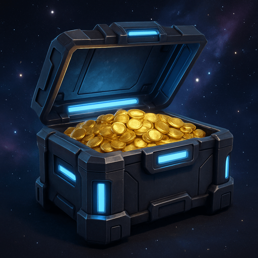 Uzay temalı, içi altın dolu kapağı açık kasa, gerçekçi, 
In-Game asset.  High contrast.  No shadows