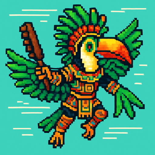 Generame un guerrero azteca con patrones, estilo pixelar, además será Tucán toco , unidad voladora con alas, con efectos de viento. Tiene que ser un animal..
In-Game asset.  2d.  High contrast.  No shadows