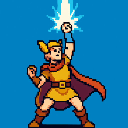 a hero, channeling, pixel art.
In-Game asset.  2d.  High contrast.  No shadows