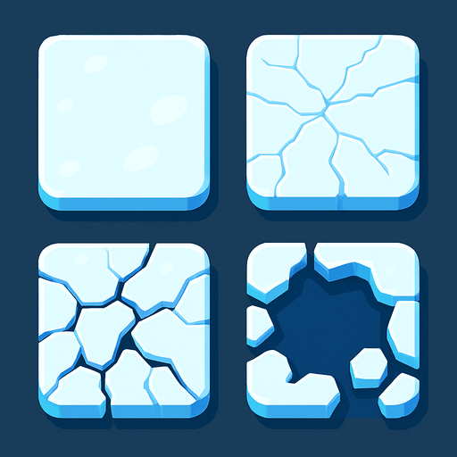 Generate a 2D sprite sheet arranged in a 2x2 grid, featuring a game tile of stylized arctic ice for a mobile game. The art style should be a clean vector illustration with flat colors and high contrast, suitable for a top-down, bird's-eye view. There should be no shadows.
The sprite sheet must show a clear, 4-stage progression of the same tile breaking:
Pristine Tile: A solid, unbroken square of thick ice. Mostly white and light blue.
Minor Cracks: The same tile, but now with thin, hairline fractures spiderwebbing across the surface.
Major Fractures: The cracks have widened into deep fissures, with small pieces of ice chipping away, revealing dark blue water underneath.
Nearly Shattered: A large hole has opened in the center of the tile, surrounded by a few unstable, floating fragments of the original ice. The tile is mostly dark water now..
In-Game asset.  2d.  High contrast.  No shadows