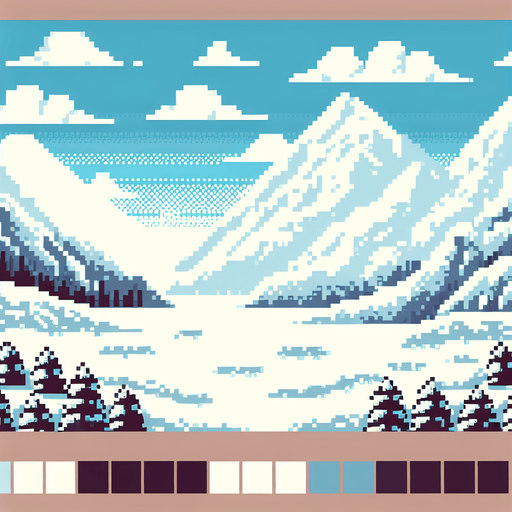 white snowy valley background. Single Game Texture. In-Game asset. 2d. High contrast. No shadows. pixelated. 8 bit