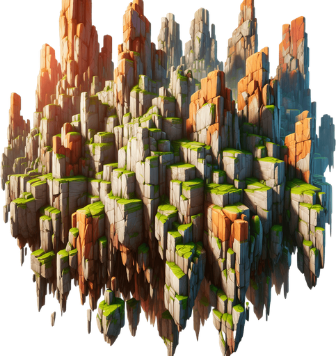 Taller stones green,brown,orange, HD, blur, light, sharp stones, floating Island, real 
background.
Single Game Texture. In-Game asset. 2d. Blank background. High contrast. No shadows.