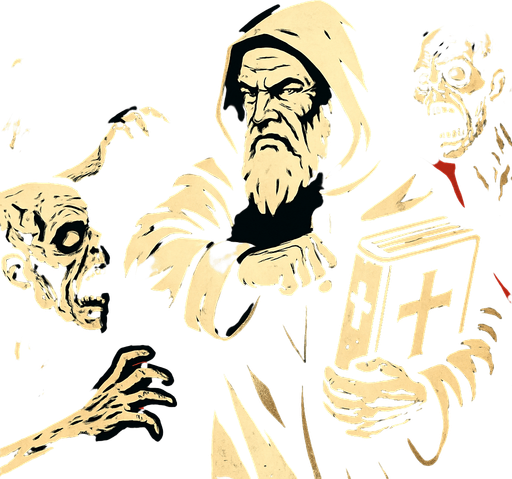A background image (wallpaper) representing an old prophet-like man with white hair and beard, wearing a priest's robe (hooded) and holding a holy book (christianity, cross) in his hand, fighting against zombies..
In-Game asset.  2d.  High contrast.  No shadows