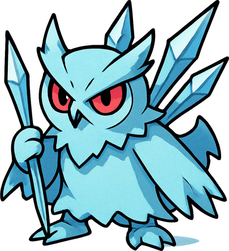 Um monstrinho do tipo Gelo inspirado em Pokémon e Digimon com aparência de Coruja fantasma classe guerreiro com lanças de Gelo nas costas arte com contorno de preto