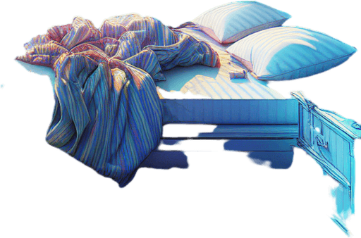 dağınık bir yatak odası, odanın içinden görünüm 3d renkli