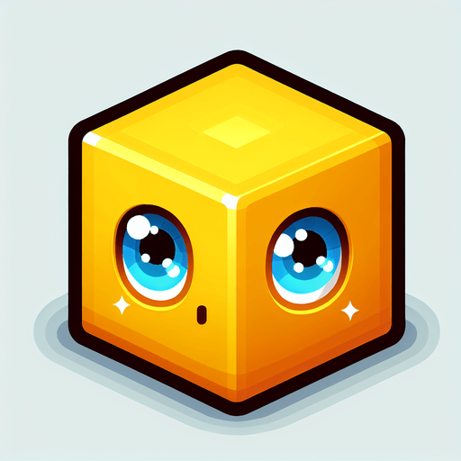yellow cube with blue eyes.
Single Game Texture. In-Game asset. 2d. Blank background. High contrast. No shadows.