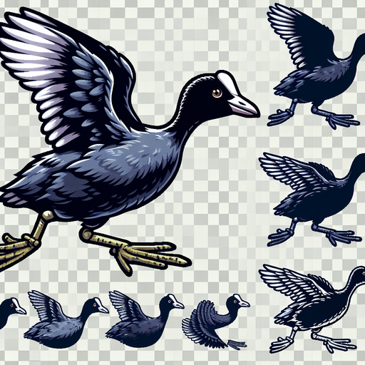 American Coot sprite sheet. Running with wings up..
Single Game Texture. In-Game asset. 2d. Blank background. High contrast. No shadows.