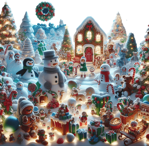 A Magical feeric starry christmas landscape at night with a snow man , candy canes ,holly leafs and snow flakes, cute penguin, Santa's reindeers, green, red and blue presents and a lot of toys, a sled, gingerbread boy and girl, snow globes, cute polar bears cub and a gingerbread house. Realistic. Plastic style. Background image