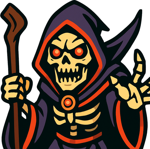 un hechizero esqueleto les mira de forma aterradora hacia adelante con ojos rojos y brillosos.
In-Game asset.  2d.  High contrast.  No shadows