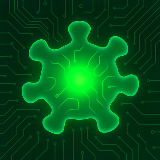 topdown view, simple digital virus blob, glowing green core, minimal circuit-like lines on surface, smooth rounded shape, fits motherboard environment, futuristic style.
In-Game asset.  2d.  High contrast.  No shadows