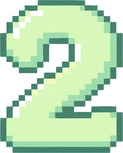 A pixel art number "2" designed for a cozy, cute retro 2D game UI with a bird theme. The number is rendered in soft pastel light green tones to harmonize with the gentle and sweet aesthetic of the game. It has a clean, simple, and rounded pixel style with no harsh edges, fitting perfectly within the pixel art UI style. The number is bold and easily readable at small sizes..
In-Game asset.  2d.  High contrast.  No shadows. pixel art. retro. 2d ui. number. pastel light green. simple. rounded edges. bold. cute. minimal